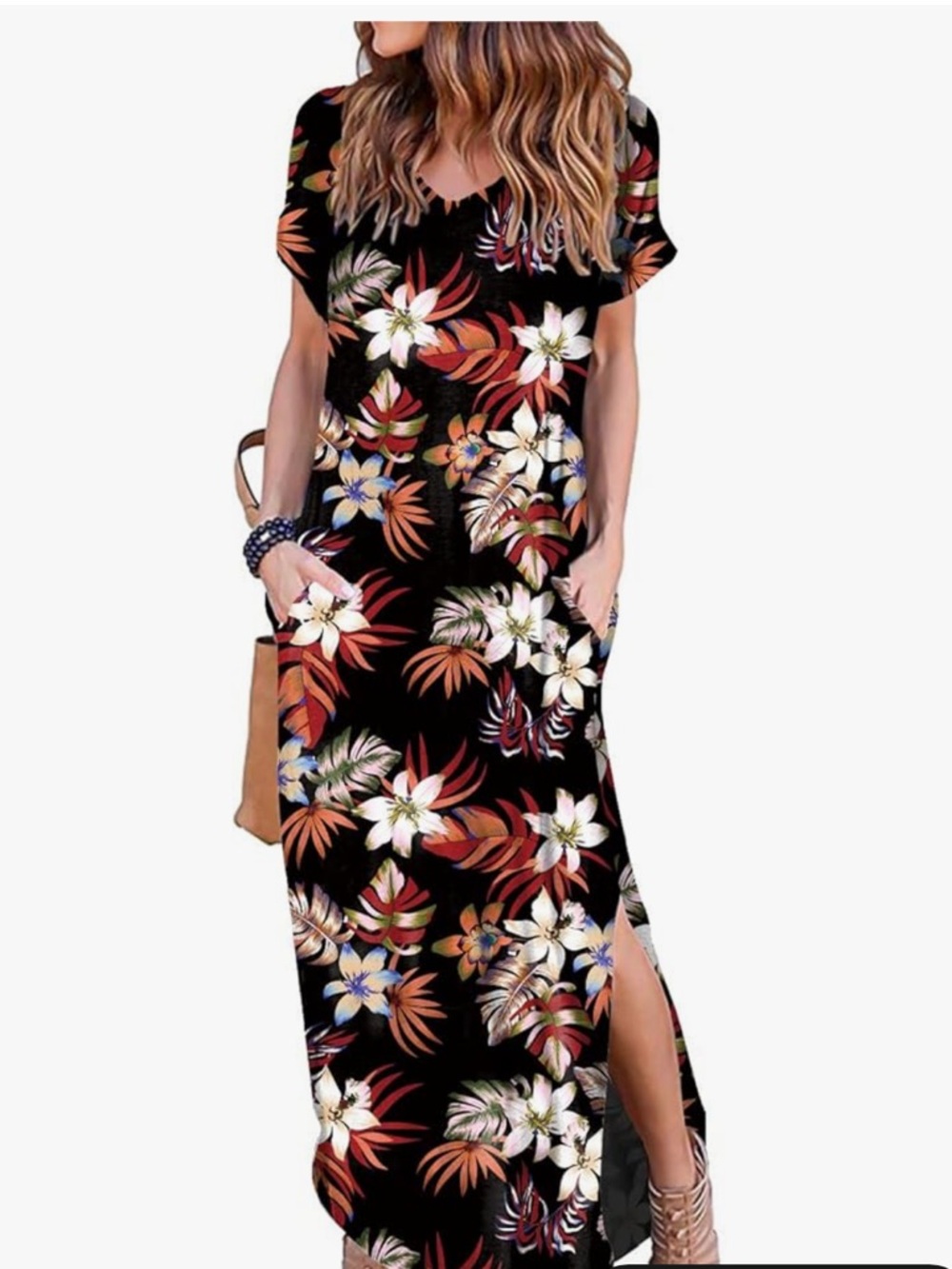 Floral V-Neck Black Maxi Dress with Side Slit - Picture 6 of 12